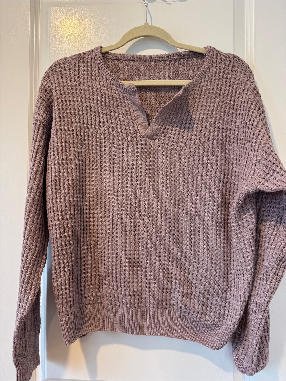 SHEIN Mauve Pink Waffle Knit V-Notch Sweater